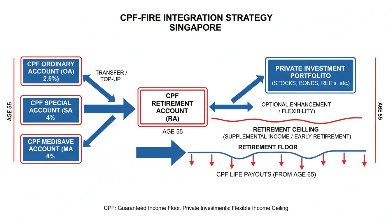 Diagram showing CPF accounts providing retirement floor with private investments providing additional income ceiling