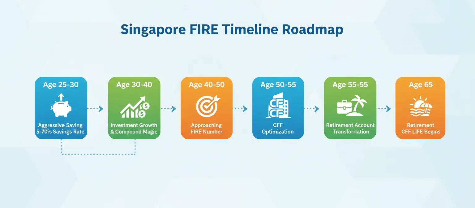 Timeline showing FIRE journey milestones from aggressive saving in 20s to CPF LIFE payouts at 65